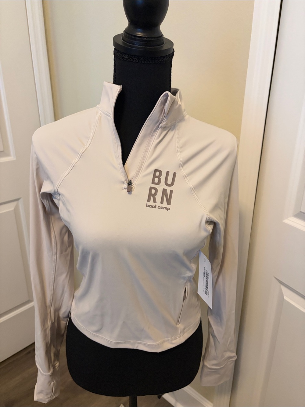Women's Burn Bootcamp Long-Sleeve Half-Zip Top in Light Beige- NWT
